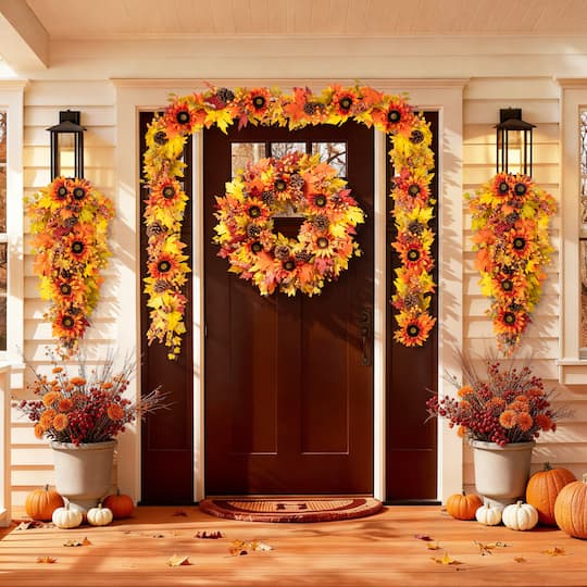 Glitzhome® 38" Oversized Fall Sunflower Teardrop Swag